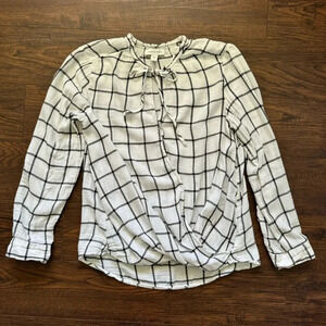 Vintage America Ivory Textured Peasant Front Tie Blouse Plaid Long Sleeve Medium